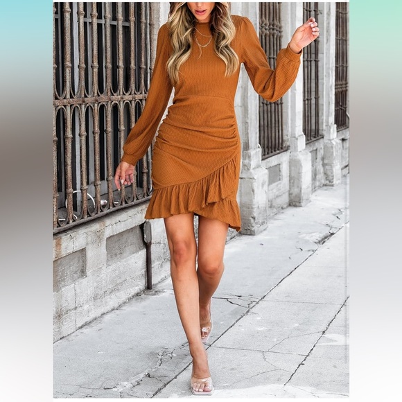 Cupshe Dresses & Skirts - CUPSHE Women's Long Sleeve Dress Crew Neck Ruffle Hem Ruched Mini Dresses size L